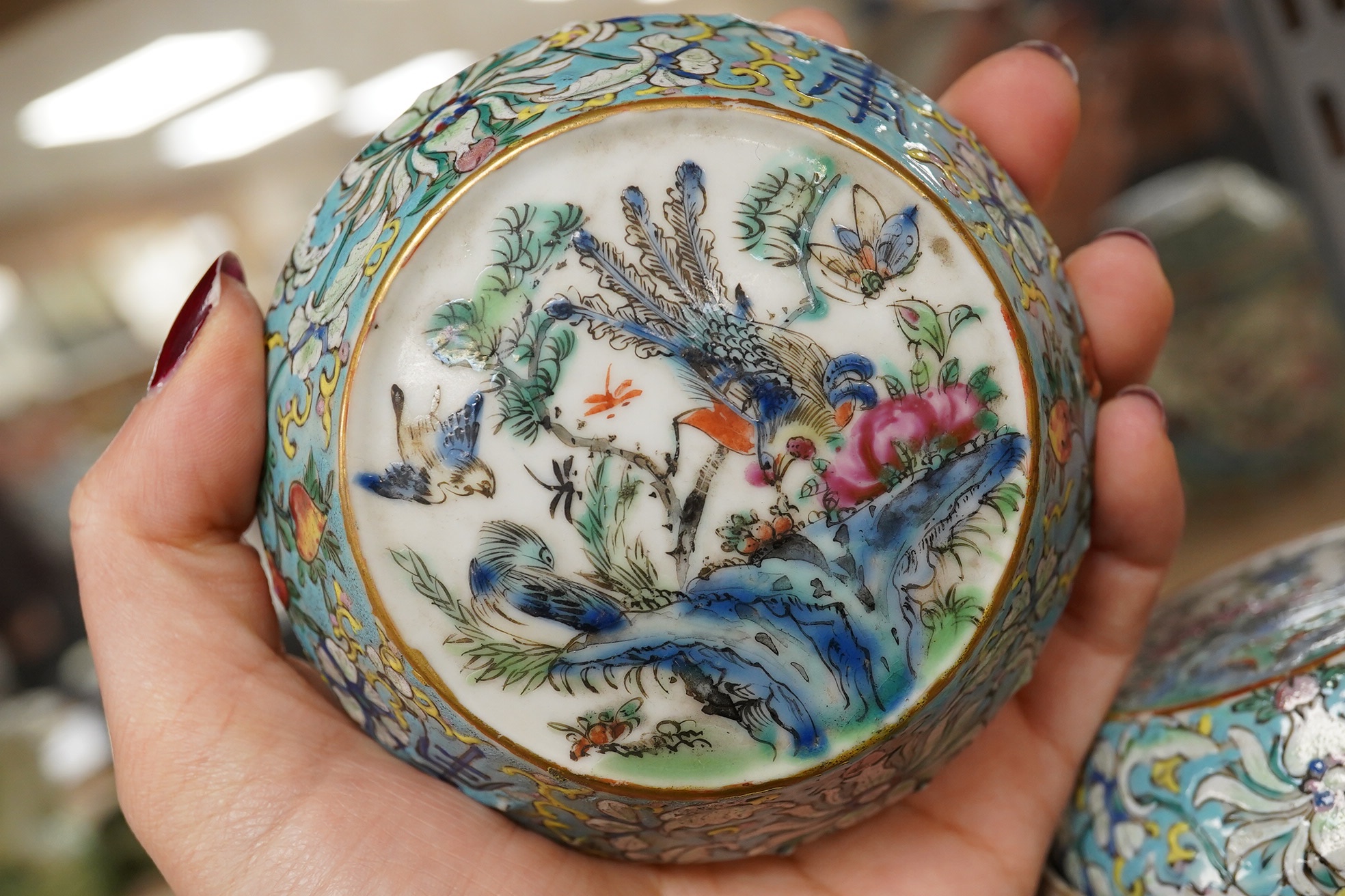 A complete Chinese porcelain nest of five enamelled porcelain barrel shaped boxes, c.1900, largest 12cm high. Condition - fair, some minor chipping